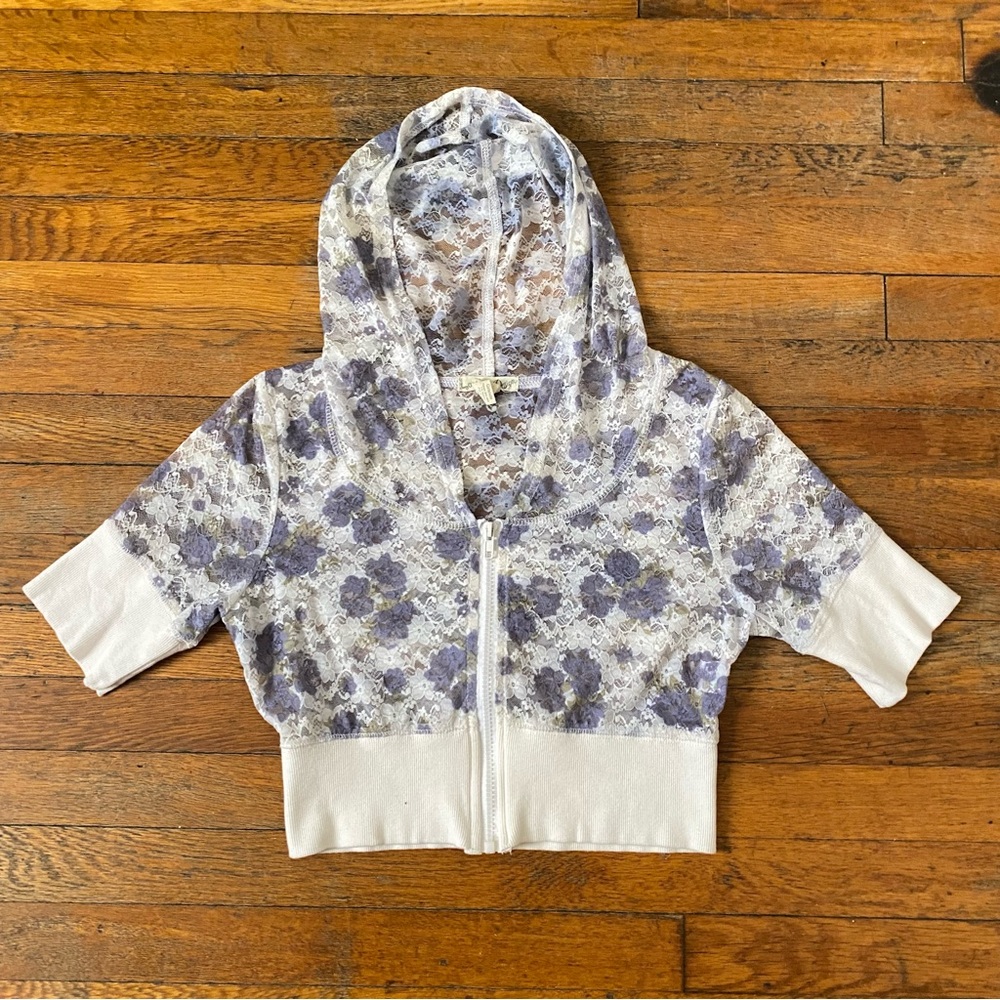LoveYourDesign Cropped Lace Hooded Zip up White-Purple size-Large